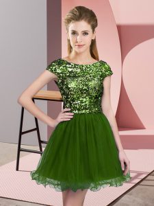 Designer Mini Length Olive Green Dama Dress Tulle Cap Sleeves Sequins