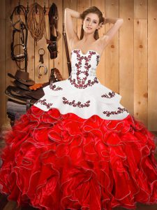 Graceful Embroidery and Ruffles Quinceanera Gown Wine Red Lace Up Sleeveless Floor Length