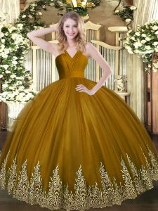 High Quality Brown Tulle Zipper V-neck Sleeveless Floor Length Sweet 16 Dress Appliques