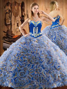 Multi-color Quinceanera Gown Satin and Fabric With Rolling Flowers Brush Train Sleeveless Embroidery