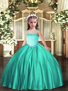 Turquoise Straps Lace Up Appliques Pageant Dress for Girls Sleeveless