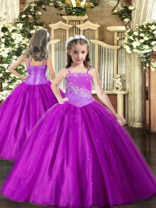 Dramatic Floor Length Ball Gowns Sleeveless Purple Little Girl Pageant Gowns Lace Up