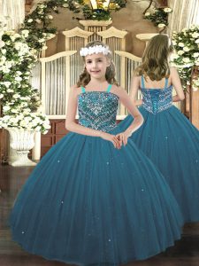 Teal Ball Gowns Tulle Straps Sleeveless Beading Floor Length Lace Up Pageant Dress Womens