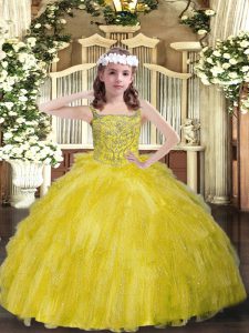 Yellow Green Lace Up Straps Beading and Ruffles Pageant Dress for Womens Organza Sleeveless