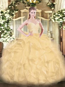 Gold Organza Lace Up Sweetheart Sleeveless Floor Length 15th Birthday Dress Beading and Ruffles