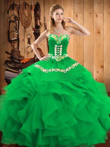 Super Sleeveless Satin and Organza Floor Length Lace Up Ball Gown Prom Dress in Green with Embroidery