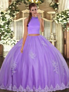 Lavender Two Pieces Beading and Appliques Quinceanera Dress Backless Tulle Sleeveless Floor Length