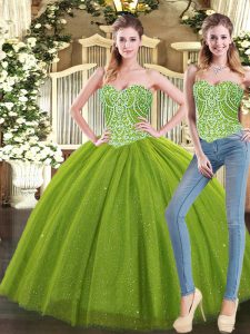 Colorful Tulle Sweetheart Sleeveless Lace Up Beading Quinceanera Dress in Olive Green