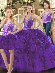 Hot Selling Purple Quinceanera Gown Military Ball and Sweet 16 and Quinceanera with Beading and Ruffles Straps Sleeveless Lace Up