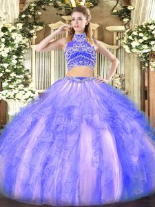 Stunning Lavender Backless High-neck Beading and Ruffles Sweet 16 Dress Tulle Sleeveless