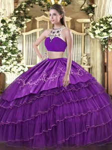 Floor Length Two Pieces Sleeveless Purple Quince Ball Gowns Backless