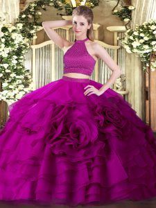 Sumptuous Fuchsia Two Pieces Halter Top Sleeveless Tulle Floor Length Backless Beading and Ruffles Quince Ball Gowns