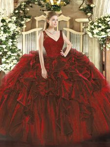 Spectacular V-neck Sleeveless Quinceanera Dresses Floor Length Beading and Ruffles Wine Red Organza