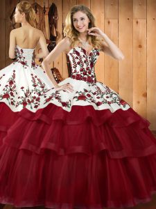 Wine Red Ball Gowns Sweetheart Sleeveless Organza Sweep Train Lace Up Embroidery 15th Birthday Dress