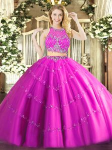 Sleeveless Floor Length Beading Zipper Sweet 16 Quinceanera Dress with Fuchsia