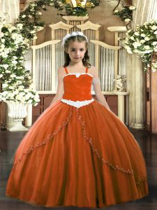 Top Selling Tulle Straps Sleeveless Sweep Train Lace Up Appliques Little Girls Pageant Gowns in Rust Red