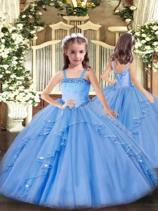 Customized Baby Blue Sleeveless Organza Lace Up High School Pageant Dress for Party and Quinceanera