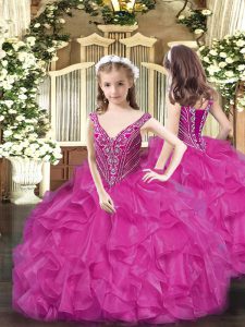 Perfect Floor Length Lace Up Kids Formal Wear Fuchsia for Party and Quinceanera with Beading and Ruffles