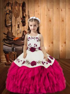 Fuchsia Organza Lace Up Straps Sleeveless Floor Length Pageant Dress Wholesale Embroidery and Ruffles