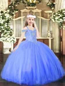 Floor Length Lace Up Child Pageant Dress Blue for Party and Quinceanera with Beading