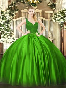 Satin V-neck Sleeveless Backless Beading and Lace Sweet 16 Dress in Green