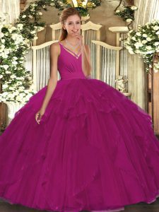 Affordable Fuchsia Sleeveless Tulle Backless Quinceanera Dresses for Sweet 16 and Quinceanera