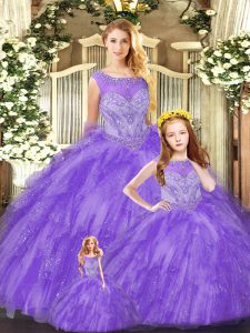 New Style Eggplant Purple Scoop Neckline Beading and Ruffles Quinceanera Gown Sleeveless Lace Up