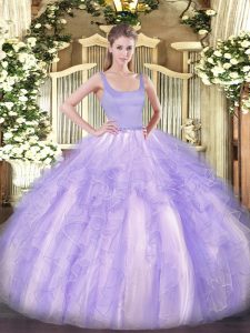 Sleeveless Tulle Floor Length Zipper Sweet 16 Dresses in Lavender with Beading and Ruffles