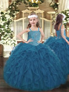 Cheap Floor Length Lace Up Girls Pageant Dresses Teal for Party and Quinceanera with Beading and Ruffles