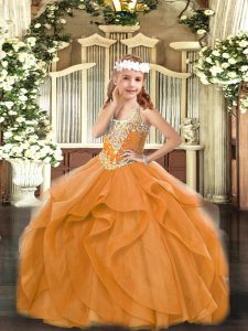 Floor Length Lace Up High School Pageant Dress Orange Red for Party and Quinceanera with Beading and Ruffles