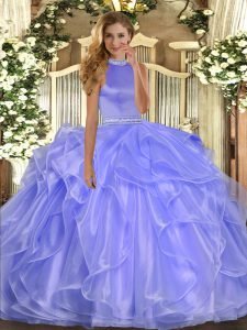 Chic Lavender Backless Halter Top Beading and Ruffles Ball Gown Prom Dress Organza Sleeveless