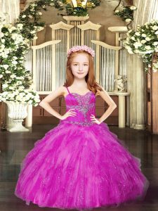 Sleeveless Floor Length Beading and Ruffles Lace Up Little Girls Pageant Dress Wholesale with Fuchsia