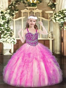 Rose Pink Sleeveless Floor Length Beading and Ruffles Lace Up Pageant Dress Wholesale