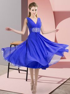 Blue Empire Beading Dama Dress for Quinceanera Side Zipper Chiffon Sleeveless Knee Length