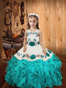 Aqua Blue Organza Lace Up Straps Sleeveless Floor Length Pageant Dress for Womens Embroidery and Ruffles