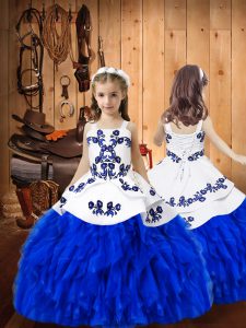 Royal Blue Organza Lace Up Straps Sleeveless Floor Length Pageant Gowns Embroidery and Ruffles