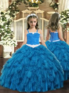 Ball Gowns Little Girls Pageant Gowns Blue Straps Organza Sleeveless Floor Length Lace Up