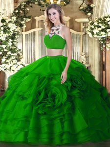 Beauteous Green High-neck Neckline Beading and Ruffled Layers Quince Ball Gowns Sleeveless Backless