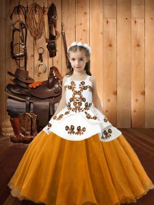 Sleeveless Organza Floor Length Lace Up Little Girls Pageant Gowns in Orange with Embroidery