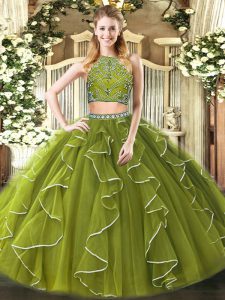 Floor Length Zipper 15th Birthday Dress Olive Green for Military Ball and Sweet 16 and Quinceanera with Beading and Ruffles