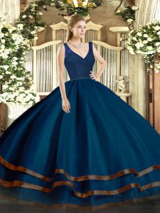 Beading and Ruffled Layers Sweet 16 Dress Navy Blue Zipper Sleeveless Floor Length