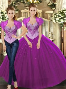 Eye-catching Fuchsia Sleeveless Tulle Lace Up Vestidos de Quinceanera for Military Ball and Sweet 16 and Quinceanera