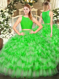 Green Two Pieces Ruffled Layers 15 Quinceanera Dress Zipper Tulle Sleeveless Floor Length