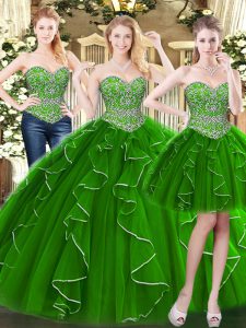 Exquisite Sleeveless Beading and Ruffles Lace Up Quince Ball Gowns