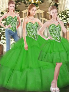 Green Sweetheart Lace Up Beading and Ruffled Layers Vestidos de Quinceanera Sleeveless