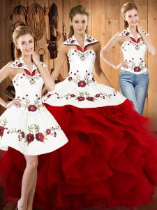 Latest Wine Red Satin and Organza Lace Up 15th Birthday Dress Sleeveless Floor Length Embroidery and Ruffles