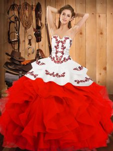 Nice White And Red Sleeveless Embroidery and Ruffles Floor Length 15th Birthday Dress