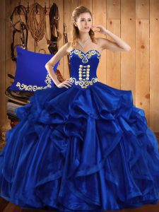 Custom Fit Sweetheart Sleeveless Sweet 16 Dress Floor Length Embroidery and Ruffles Royal Blue Organza