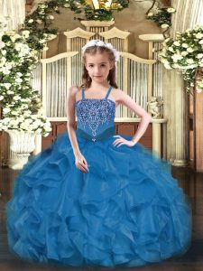 Blue Ball Gowns Organza Straps Sleeveless Beading and Ruffles Floor Length Lace Up Pageant Dress for Teens