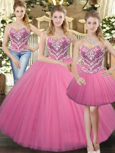 Free and Easy Sleeveless Tulle Floor Length Lace Up Quince Ball Gowns in Rose Pink with Beading